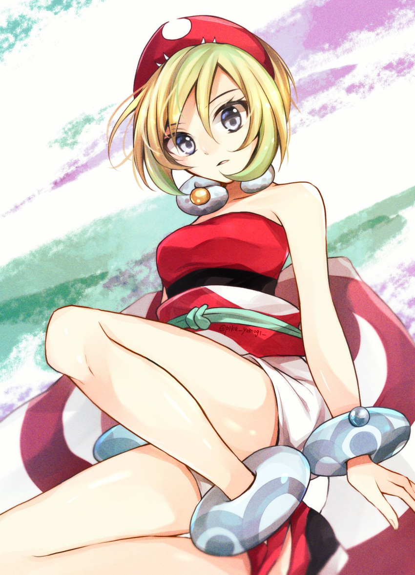 1girl bangs blonde_hair blurry bracelet collar collarbone commentary eyelashes grey_eyes hair_between_eyes hat highres irida_(pokemon) jewelry knees looking_at_viewer medium_hair parted_lips pokemon pokemon_(game) pokemon_legends:_arceus red_footwear red_headwear sash shiny shiny_skin shoes shorts sleeveless solo white_shorts yomogi_(black-elf)