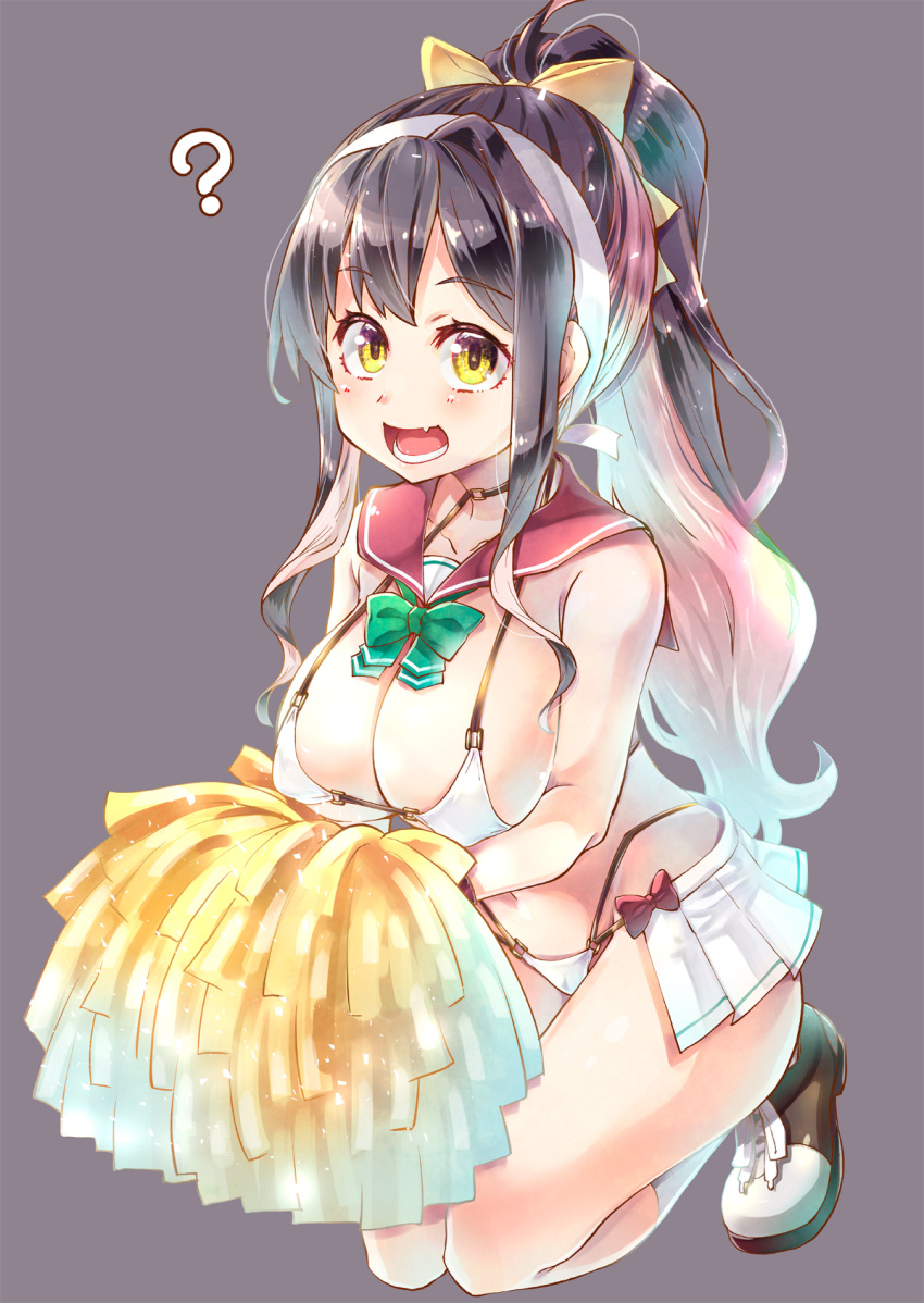 1girl ? alternate_costume alternate_hairstyle bikini black_hair breasts cheerleader cleavage commentary_request fang full_body grey_background highres imu_sanjo kantai_collection large_breasts long_hair looking_at_viewer multicolored_hair naganami_(kancolle) pink_hair pleated_skirt pom_pom_(cheerleading) ponytail red_sailor_collar sailor_bikini sailor_collar simple_background skin_fang skirt solo squatting swimsuit white_bikini white_skirt