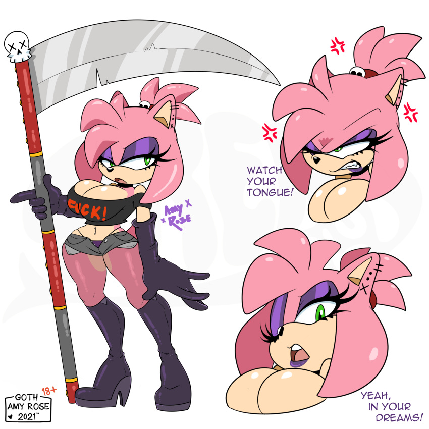 amy_rose annoyed boots clothing female footwear goth hi_res melee_weapon polearm scythe sega sirenslut sonic_the_hedgehog_(series) weapon