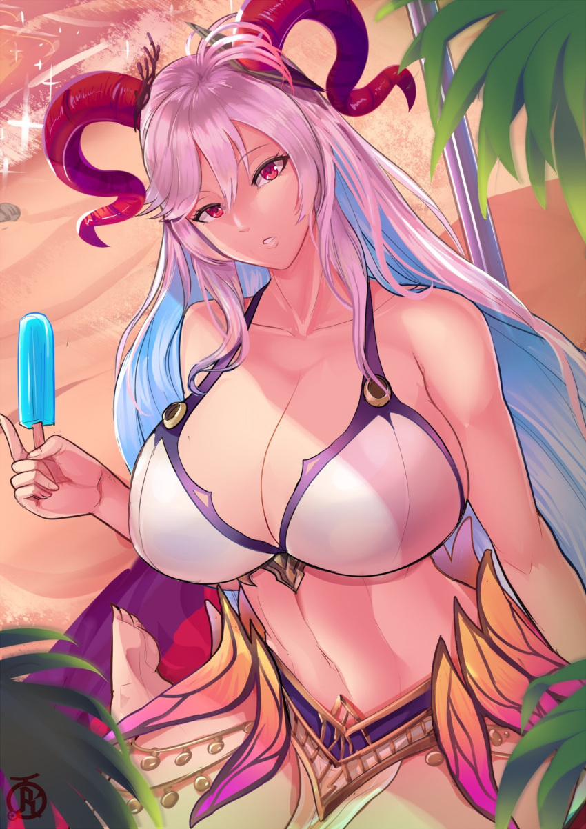 1girl alternate_costume anklet armlet bangs bare_legs barefoot beach bikini blue_hair breasts cleavage collarbone curled_horns eyebrows_visible_through_hair feet fingernails fire_emblem fire_emblem_heroes flower food freyja_(fire_emblem) goat_horns gradient_hair grey_hair hair_between_eyes hair_flower hair_ornament highres horns ice_cream jewelry large_breasts long_hair looking_at_viewer midriff multicolored_hair navel official_alternate_costume outdoors parted_lips pelvic_curtain popsicle red_eyes red_horns revolverwing sand sidelocks sitting soles solo swimsuit teeth thighs toes two-tone_hair under_umbrella very_long_hair water white_bikini white_flower white_swimsuit