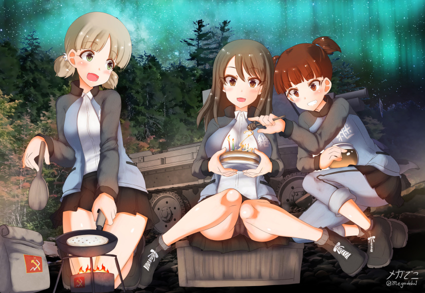 3girls aki_(girls_und_panzer) ankle_boots aquaegg aurora bangs birthday_cake black_panties blue_footwear blue_headwear blue_jacket blue_pants blue_skirt blunt_bangs boots box brown_eyes brown_hair bt-42 cake check_commentary commentary_request cooking crotch_seam cup dress_shirt emblem eyebrows_visible_through_hair fire food forest girls_und_panzer green_eyes grey_legwear grin ground_vehicle hair_tie hat highres holding holding_cup holding_plate holding_spatula honey honeypot jacket keizoku_military_uniform kneeling knees_together_feet_apart light_brown_hair long_hair long_sleeves looking_at_another low_twintails mika_(girls_und_panzer) mikko_(girls_und_panzer) military military_uniform military_vehicle miniskirt motor_vehicle multiple_girls nature open_clothes open_jacket open_mouth pancake panties pants pants_rolled_up pants_under_skirt pantyshot plate pleated_skirt pravda_(emblem) raglan_sleeves red_eyes red_hair shirt short_hair short_twintails sitting skillet skirt smile socks spatula tank track_jacket track_pants tulip_hat twintails underwear uniform white_shirt