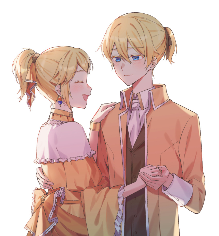 1boy 1girl aku_no_meshitsukai_(vocaloid) aku_no_musume_(vocaloid) allen_avadonia blonde_hair blue_eyes brother_and_sister dancing dress evillious_nendaiki frilled_dress frilled_sleeves frills highres kagamine_len kagamine_rin momokitty ponytail ribbon riliane_lucifen_d'autriche siblings smile vocaloid white_background