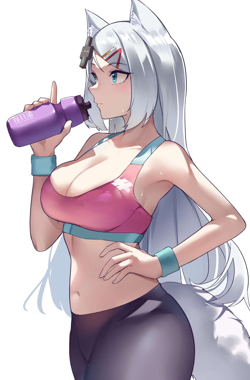 1girl absurdres animal_ear_fluff animal_ears black_pants blue_eyes bottle breasts cleavage closed_mouth cowgirl_position crop_top donggua_bing_cha hair_ornament hairclip highres holding holding_bottle indie_virtual_youtuber large_breasts long_hair looking_away mizuki_(vtuber) navel pants pink_sports_bra silver_hair simple_background solo sports_bra squeeze_bottle stomach straddling tail very_long_hair virtual_youtuber white_background wristband