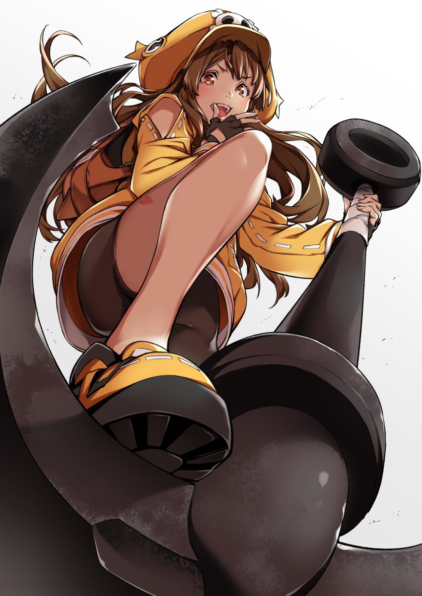 1girl anchor anchor_symbol backpack bag bare_legs bike_shorts black_gloves brown_eyes brown_hair fingerless_gloves from_below gloves guilty_gear guilty_gear_strive hat heart heart_tattoo highres jacket long_hair looking_at_viewer looking_down may_(guilty_gear) open_mouth orange_footwear orange_jacket pirate pirate_hat saeki_shun short_shorts shorts simple_background skull_and_crossbones smile solo tattoo white_background