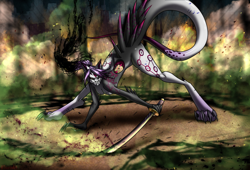 4322chan acid angry_eyes anthro attack bleach_(series) detailed_background explosion female feral fur fur_markings grey_body hi_res holding_object holding_weapon hollow_(bleach) katana looking_at_viewer markings melee_weapon monster purple_body solo spikes spikes_(anatomy) sword tipped_ears weapon