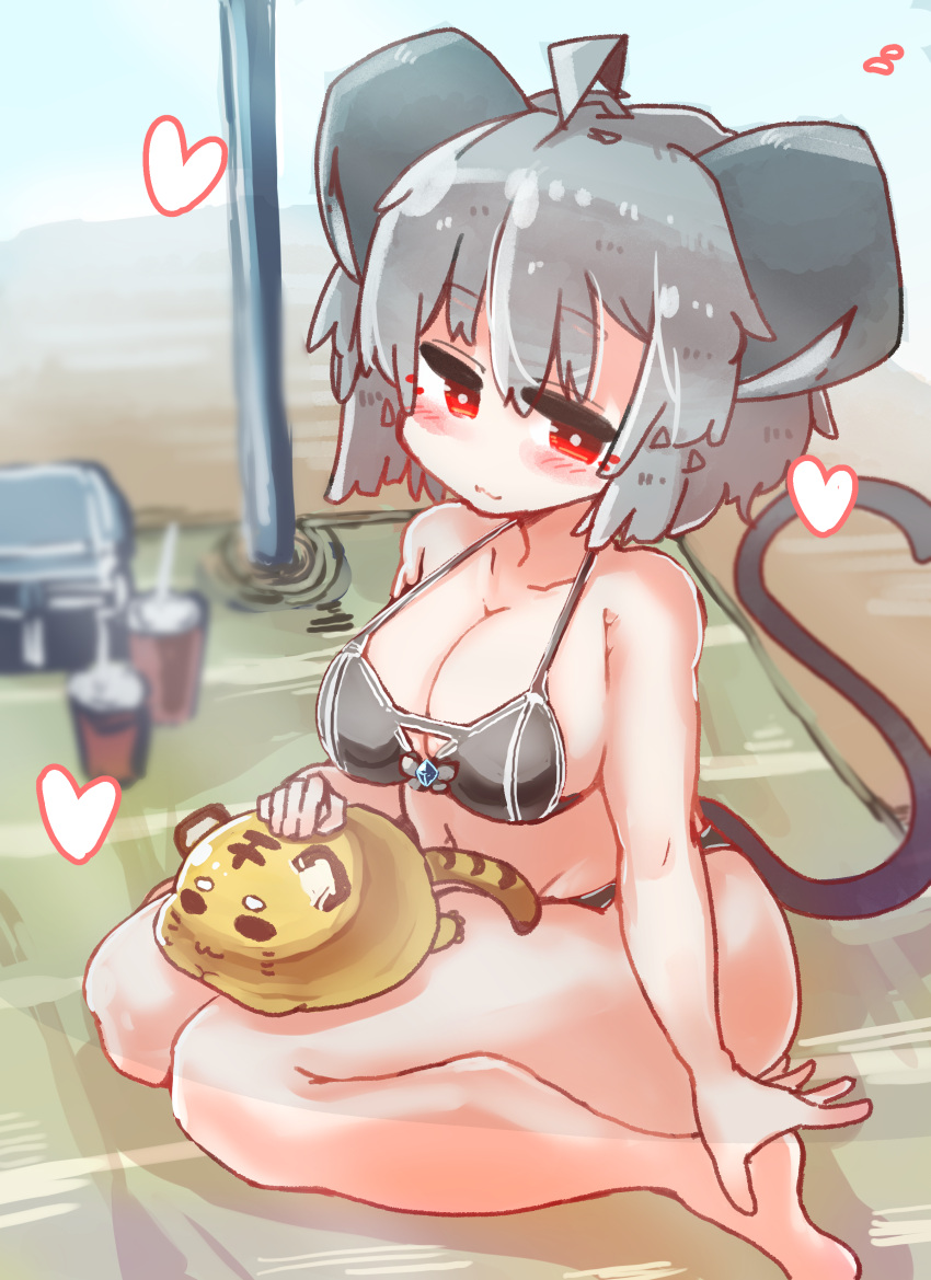 &lt;3 absurd_res ahoge animal_humanoid beach big_breasts bikini blush breasts cleavage clothed clothing female grey_hair hair hi_res humanoid mammal mammal_humanoid mouse_humanoid murid murid_humanoid murine murine_humanoid navel nazrin petting plushie red_eyes rodent rodent_humanoid sabitare seaside short_hair shou_toramaru sitting smile solo swimwear touhou towel video_games