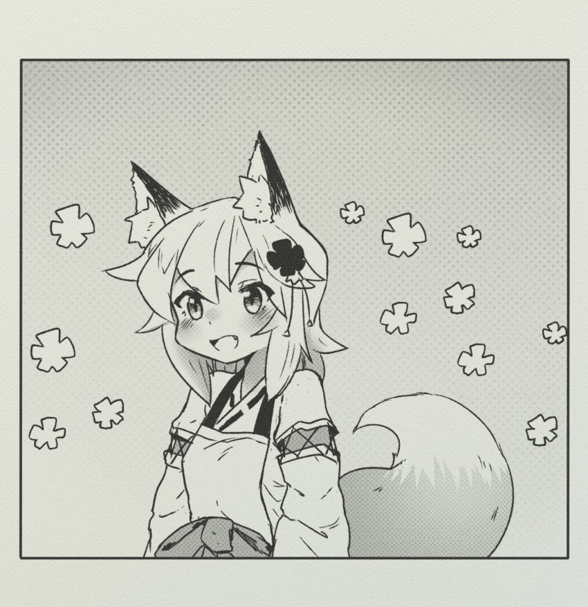 abstract_background animal_humanoid asian_clothing blush border canid canid_humanoid canine canine_humanoid clothing east_asian_clothing eyebrow_through_hair eyebrows female fox_humanoid hair hi_res humanoid japanese_clothing mammal mammal_humanoid monochrome open_mouth scribbie senko-san sewayaki_kitsune_no_senko-san simple_background solo translucent translucent_hair