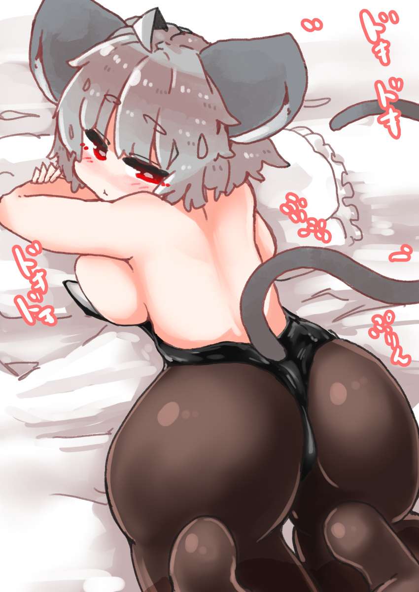 absurd_res ahoge animal_humanoid back_boob bedding blanket blush breasts clothed clothing female grey_hair hair hi_res humanoid legwear leotard looking_back lying mammal mammal_humanoid mouse_humanoid murid murid_humanoid murine murine_humanoid nazrin on_front pillow red_eyes rodent rodent_humanoid sabitare short_hair solo sound_effects tights touhou video_games
