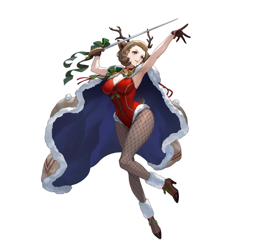 1girl absurdres animal_ears ankle_boots armpits bangs bell boots breasts brown_eyes brown_hair cape cleavage closed_mouth collarbone commentary_request deer_antlers deer_tail ekao fake_animal_ears fire_emblem fire_emblem:_three_houses fire_emblem_heroes fishnet_legwear fishnets full_body fur_trim gloves halterneck high_heel_boots high_heels highres holding holding_sword holding_weapon large_breasts leotard lips looking_away manuela_casagranda mole mole_under_eye official_art pom_pom_(clothes) rapier red_leotard shiny shiny_clothes shiny_hair short_hair simple_background sword tail weapon white_background