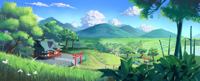 absurdres architecture brick_wall cloud commentary_request day east_asian_architecture fence field flower foliage grass highres house lake leaf mountainous_horizon no_humans original pink_flower road rock scenery sky stairs town tree zhaohengyu2
