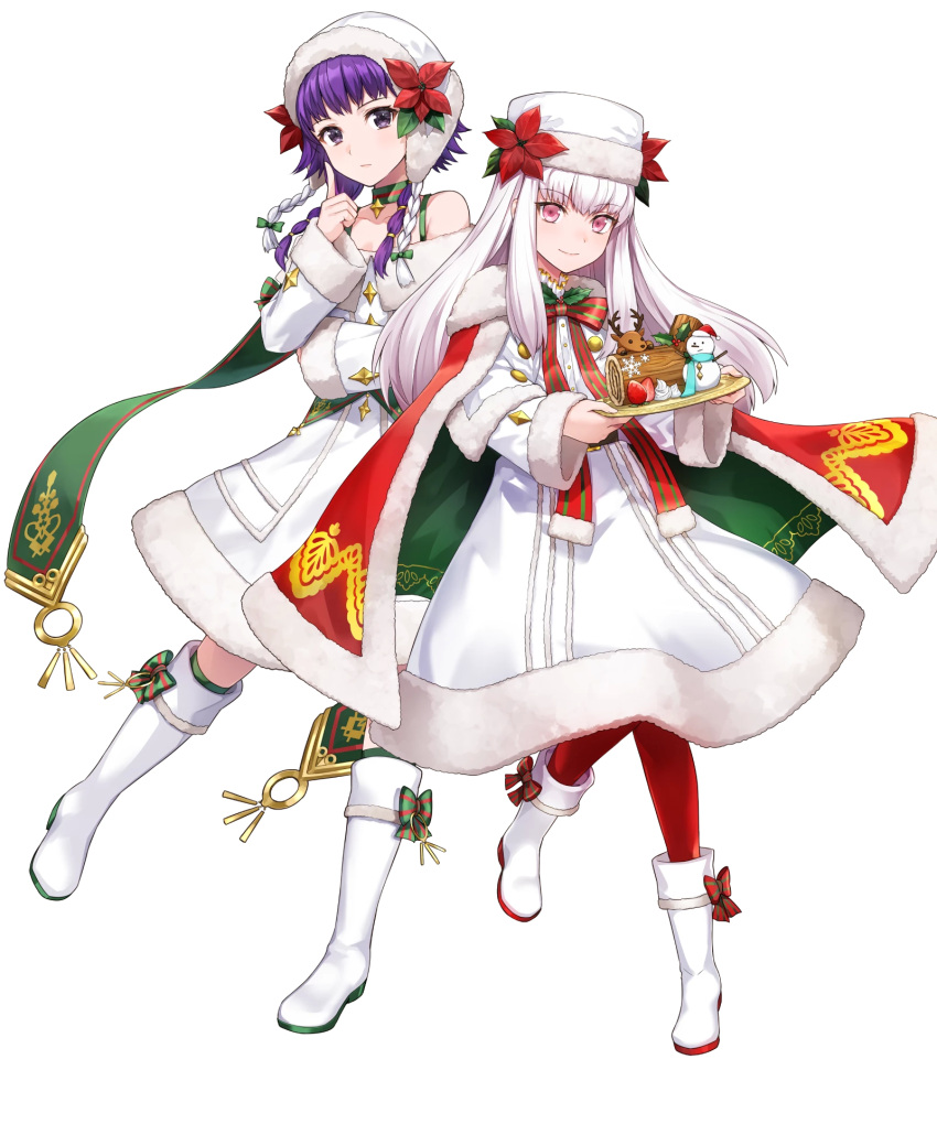 2girls amagai_tarou bangs belt boots bow braid cape choker collarbone eyebrows_visible_through_hair fire_emblem fire_emblem:_the_sacred_stones fire_emblem:_three_houses fire_emblem_heroes full_body fur_trim hat highres knee_boots long_hair long_sleeves looking_away lute_(fire_emblem) lysithea_von_ordelia multiple_girls official_art open_mouth pantyhose purple_eyes purple_hair red_legwear simple_background tied_hair transparent_background white_hair