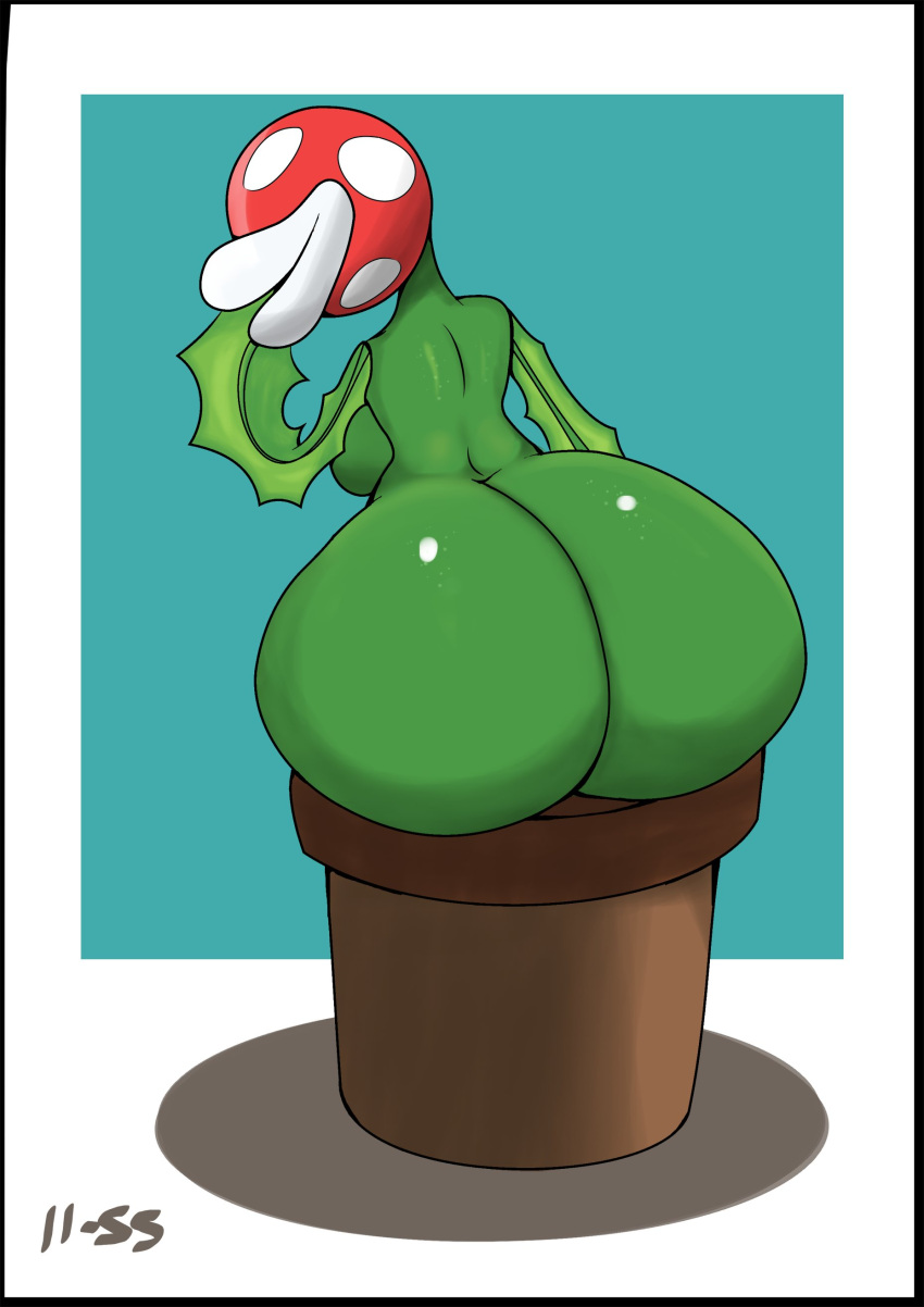 absurd_res anthro big_butt breasts butt curvy_figure elemental_creature elemental_humanoid female flora_fauna green_body hi_res huge_butt humanoid lips ll-ss looking_back mario_bros nintendo non-mammal_breasts not_furry piranha_plant plant plant_humanoid plant_pot rear_view signature solo spots spotted_body thick_lips video_games white_lips white_spots