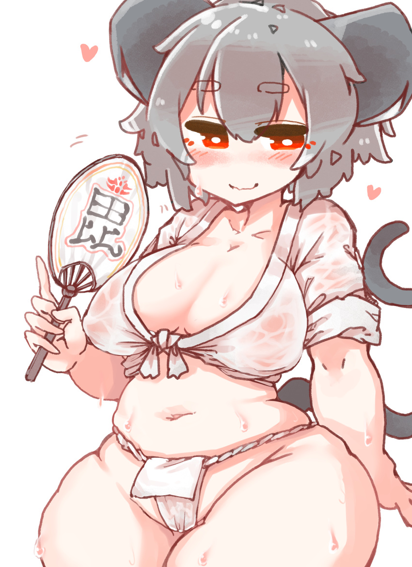 &lt;3 absurd_res animal_humanoid asian_clothing big_breasts big_ears blush bodily_fluids breasts cleavage clothed clothing east_asian_clothing fanning_self female fundoshi grey_hair hair hand_fan hi_res holding_object humanoid japanese_clothing mammal mammal_humanoid mouse_humanoid murid murid_humanoid murine murine_humanoid navel nazrin red_eyes rodent rodent_humanoid sabitare shirt short_hair smile solo sweat topwear touhou uchiwa_fan underwear video_games wet wet_clothing wide_hips