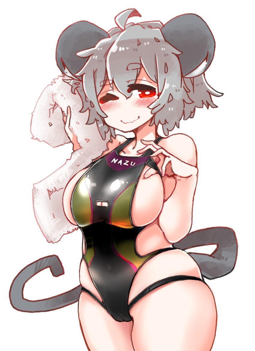 absurd_res ahoge animal_humanoid big_breasts big_ears blush breasts camel_toe cleavage_cutout clothed clothing female grey_hair hair hi_res holding_object humanoid mammal mammal_humanoid mouse_humanoid murid murid_humanoid murine murine_humanoid navel nazrin one-piece_swimsuit one_eye_closed red_eyes rodent rodent_humanoid sabitare short_hair side_boob smile solo swimwear tight_clothing touhou towel video_games wink