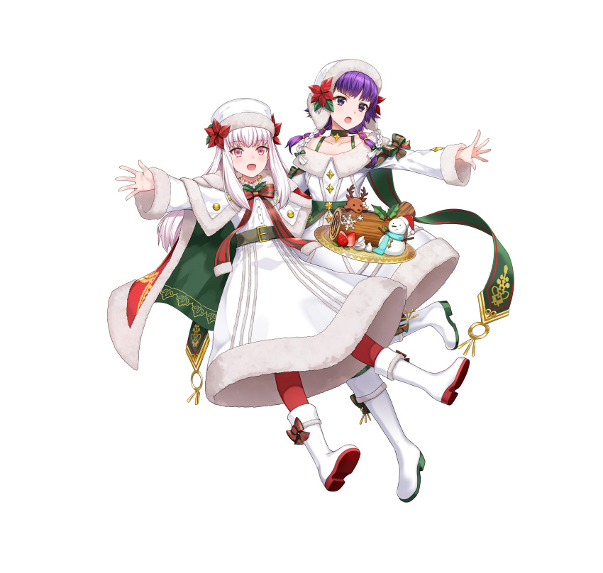 2girls absurdres amagai_tarou bangs belt boots bow braid cape choker collarbone commentary_request eyebrows_visible_through_hair fire_emblem fire_emblem:_the_sacred_stones fire_emblem:_three_houses fire_emblem_heroes floating floating_object food fruit full_body fur_trim hat highres knee_boots long_hair long_sleeves looking_away lute_(fire_emblem) lysithea_von_ordelia multiple_girls official_art open_mouth pantyhose purple_eyes purple_hair red_legwear simple_background snowman strawberry tied_hair white_hair