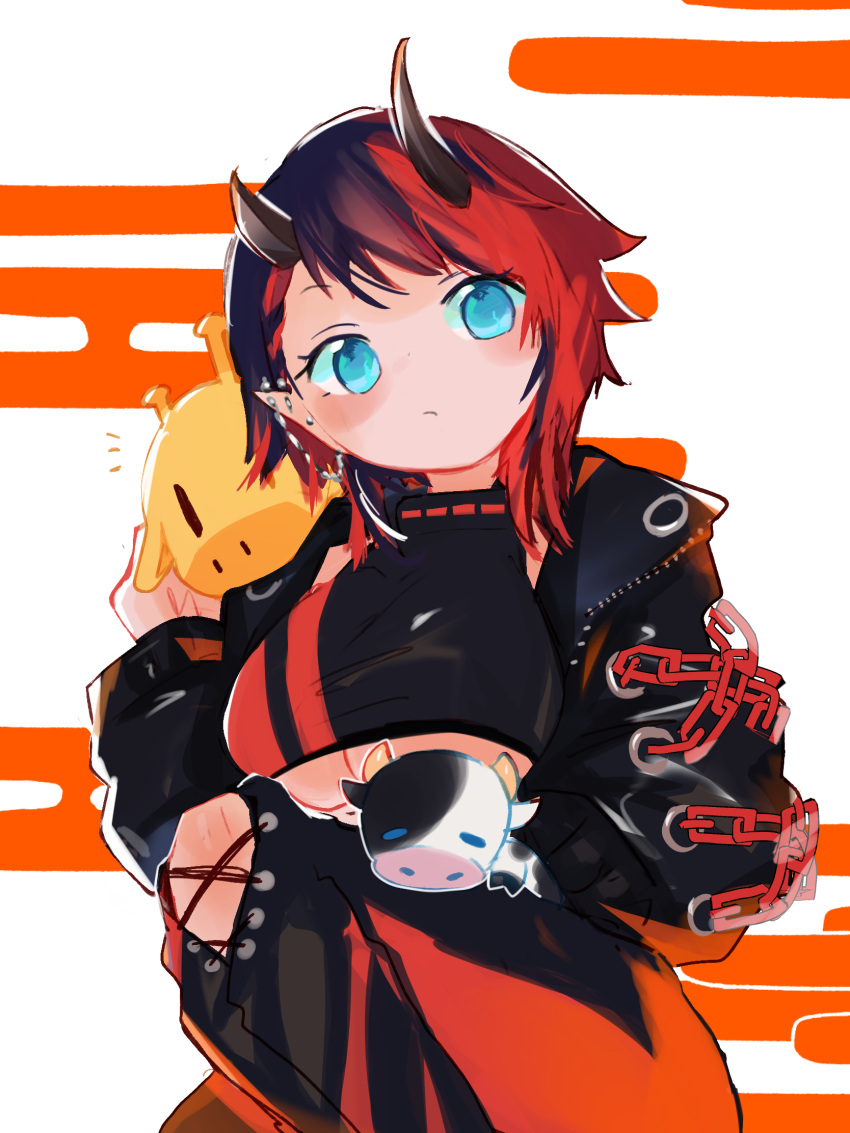 1girl bangs black_hair black_jacket black_pants black_sports_bra blue_eyes blush breasts chain closed_mouth commentary_request cropped_jacket cross-laced_pants demon_girl demon_horns ear_chain ear_piercing egasumi feet_out_of_frame highres horns jacket large_breasts looking_at_viewer multicolored_hair open_clothes open_jacket pants piercing pointy_ears red_hair red_pants red_sports_bra ryugasaki_rene short_hair solo sports_bra stuffed_animal stuffed_cow stuffed_giraffe stuffed_toy sugar_lyric tidimi-nori two-tone_hair two-tone_pants underboob virtual_youtuber white_background zipper