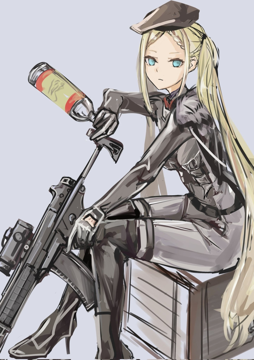1girl a-545_(girls'_frontline) alcohol aqua_eyes assault_rifle belt beret black_footwear black_gloves blonde_hair bodysuit boots bottle braid breasts closed_mouth expressionless eyebrows_visible_through_hair full_body girls'_frontline gloves grey_bodysuit gun hair_ornament hairclip hat high_heel_boots high_heels highres holding holding_bottle holding_gun holding_weapon knee_boots light_blue_background lithographica long_hair looking_at_viewer medium_breasts rifle sitting solo twintails vodka weapon
