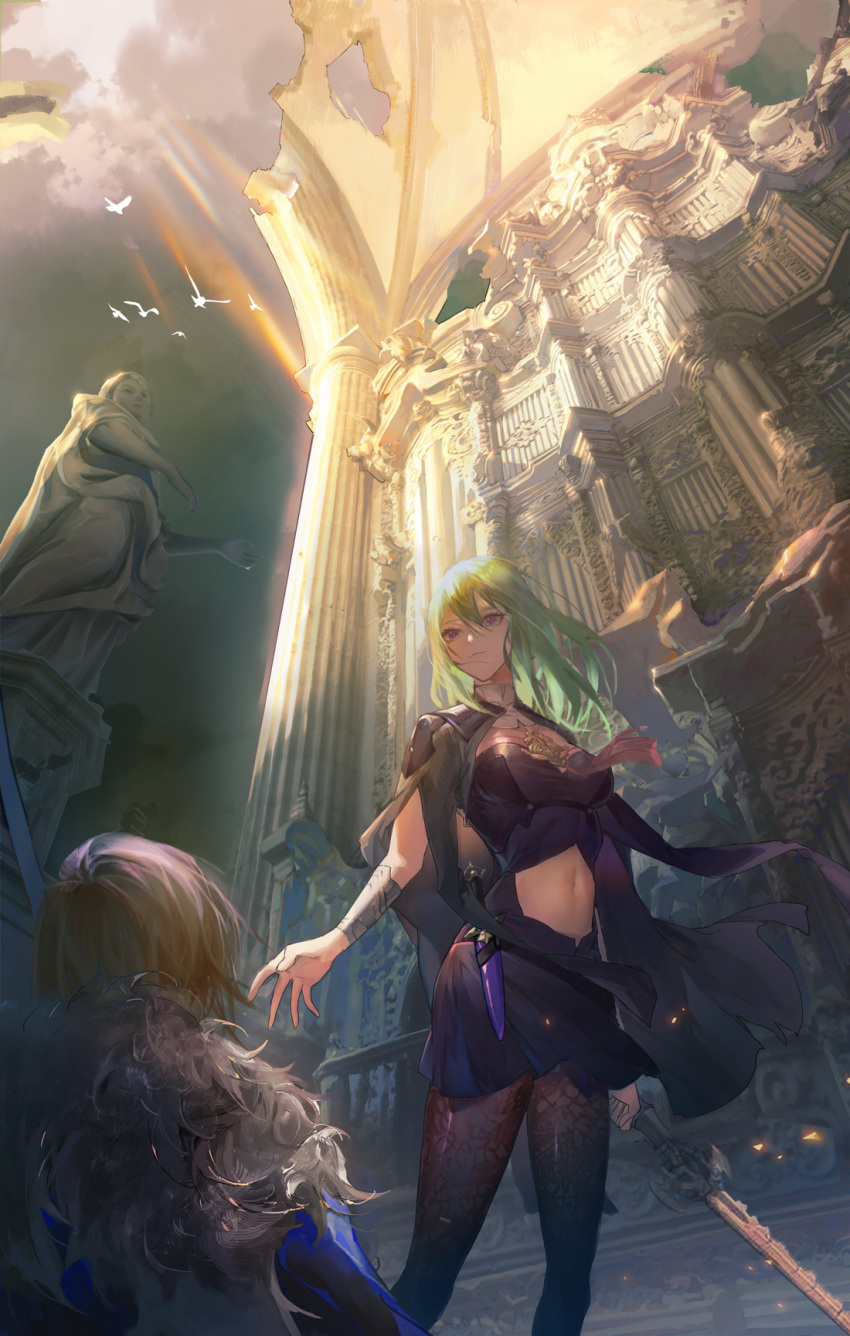 1boy 1girl blonde_hair breasts bustier byleth_(fire_emblem) byleth_(fire_emblem)_(female) cathedral clothing_cutout dagger dimitri_alexandre_blaiddyd fire_emblem fire_emblem:_three_houses green_eyes green_hair highres knife large_breasts medium_hair minty0 navel pantyhose patterned_clothing shorts stomach_cutout sword sword_of_the_creator weapon