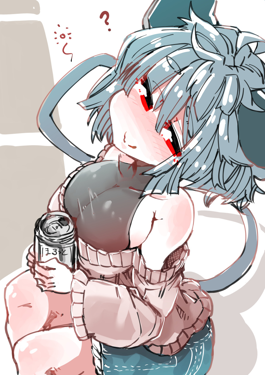 ? absurd_res animal_humanoid big_breasts blush bottomwear breasts can clothed clothing container female grey_hair hair hi_res holding_object humanoid mammal mammal_humanoid mouse_humanoid murid murid_humanoid murine murine_humanoid nazrin red_eyes rodent rodent_humanoid sabitare short_hair shorts side_boob sitting smile solo sweater topwear touhou video_games
