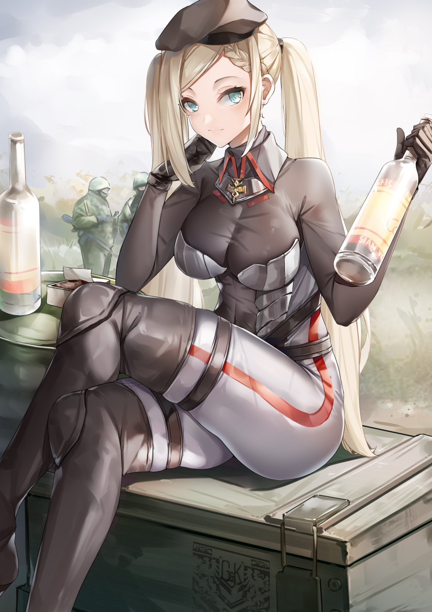 1girl a-545_(girls'_frontline) absurdres alcohol aqua_eyes beret black_footwear black_gloves blonde_hair bodystocking bodysuit boots bottle braid breasts closed_mouth commentary_request crossed_legs eyebrows_visible_through_hair feet_out_of_frame french_braid girls'_frontline gloves grifon_&amp;_kryuger hair_ornament hairclip hand_on_own_chin hat highres holding holding_bottle knee_boots long_hair looking_at_viewer lubikaya medium_breasts multicolored_bodysuit multicolored_clothes rubber_boots scenery sitting solo stolichnaya_(vodka) thighs twintails vodka