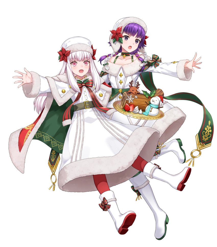 2girls amagai_tarou bangs belt boots bow braid cape choker collarbone eyebrows_visible_through_hair fire_emblem fire_emblem:_the_sacred_stones fire_emblem:_three_houses fire_emblem_heroes full_body fur_trim hat highres knee_boots long_hair long_sleeves looking_away lute_(fire_emblem) lysithea_von_ordelia multiple_girls official_art open_mouth pantyhose purple_eyes purple_hair red_legwear simple_background tied_hair transparent_background white_hair