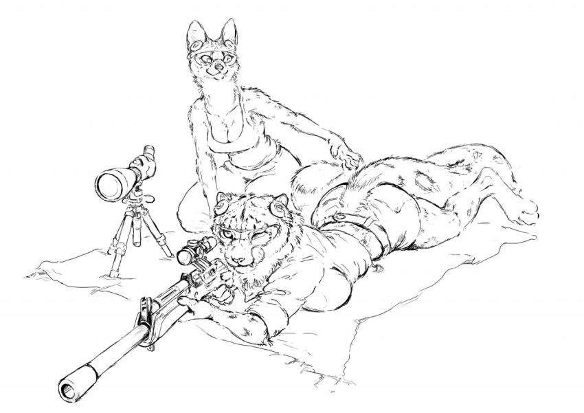 anthro arm_support big_breasts bottomwear breasts butt claws cleavage clothed clothing digitigrade duo ear_plugs eyewear felid feline female furgonomics goggles gun holding_gun holding_object holding_rifle holding_weapon hotchkisstank kneeling leaning leaning_forward licking licking_lips looking_at_another lying mammal markings monochrome neck_tuft on_front one_eye_closed pantherine pants ranged_weapon rifle serval serval_girl_(fluffcat) shirt shorts simple_background snow_leopard spots spotted_markings tank_top teeth tongue tongue_out topwear tuft vesna weapon white_background wink