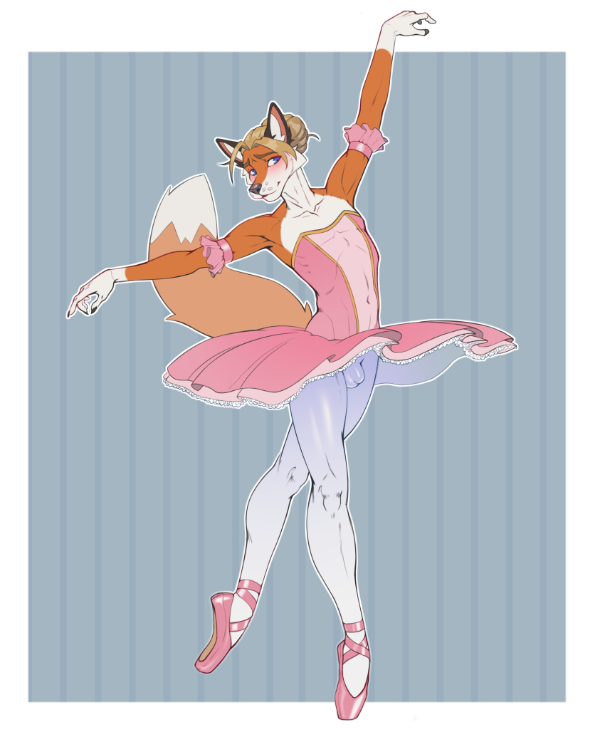 alex_(disambiguation) anthro ballerina ballet bottomwear bulge canid canine clothed clothing crossdressing dancewear embarrassed fox genital_outline hi_res kumir legwear male mammal shy skirt solo tight_clothing tights tutu