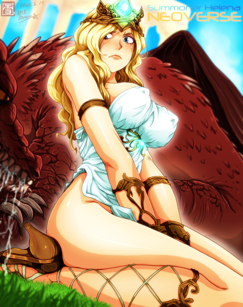 blonde_hair blue_eyes blush bodily_fluids clothed clothing crown dragon dress drooling female frown gem glowing hair hi_res high_heels human human_focus imminent_sex kneeling long_hair male mammal meteo_snow neoverse no_underwear red_body red_scales saliva scales summoner_helena teeth tiara