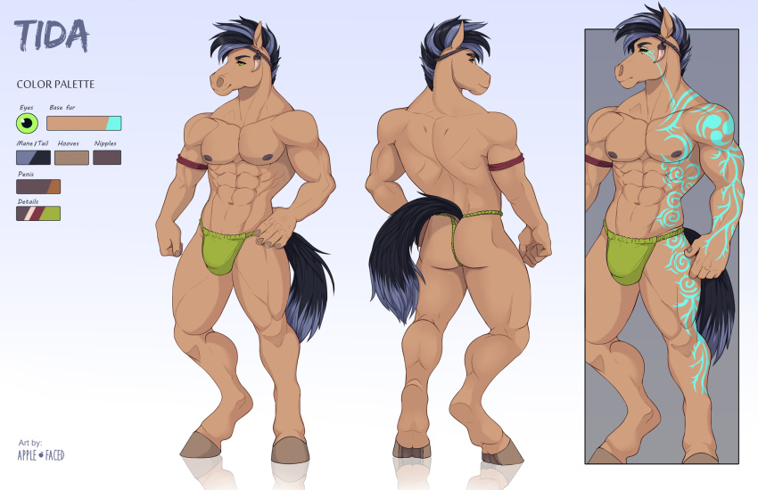anthro apple-faced blue_glow clothing equid equine green_eyes hi_res horse male mammal muscular nipples pony solo tatto tida underwear