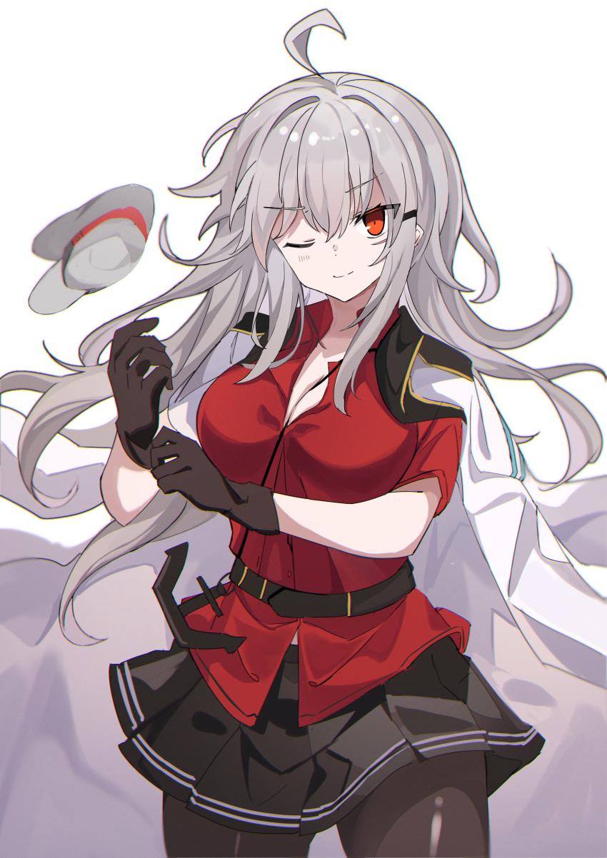 1girl absurdres ahoge belt black_belt black_legwear black_skirt blush breasts buttons cleavage closed_mouth cowboy_shot eyebrows_visible_through_hair fathom gangut_(kancolle) grey_hair hair_between_eyes hat hat_removed headband headwear_removed highres jacket jacket_on_shoulders kantai_collection large_breasts long_hair one_eye_closed orange_eyes pantyhose peaked_cap pleated_skirt red_shirt scar scar_on_face shirt short_sleeves simple_background skirt smile solo white_background white_headband white_jacket
