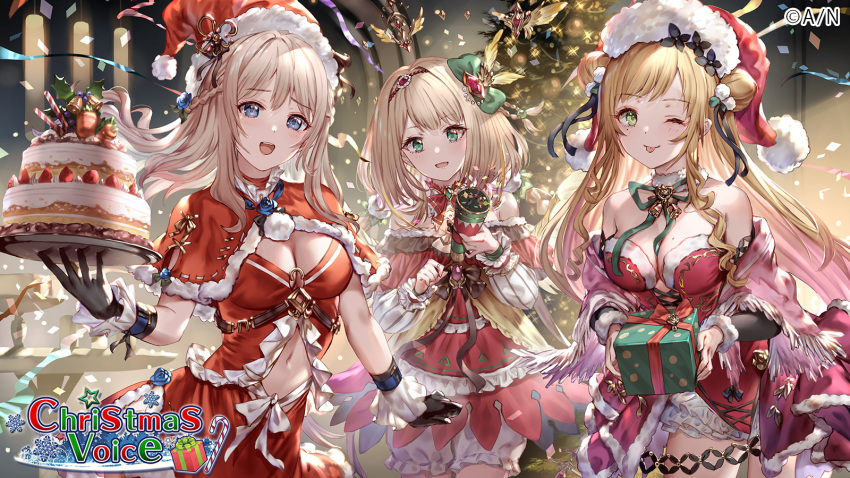 3girls adapted_costume artist_request bangs blue_eyes blush bow breasts capelet chae_ara cleavage clothing_cutout double_bun dress english_commentary eyebrows_visible_through_hair eyeshadow fur_trim gift green_bow hair_bow head_tilt highres holding holding_gift low_twintails makeup medium_breasts mole mole_under_mouth multiple_girls navel navel_cutout nijisanji nijisanji_kr off-shoulder_dress off_shoulder official_art one_eye_closed open_mouth red_capelet red_dress red_eyeshadow santa_dress seffyna smile so_nagi tongue tongue_out twintails virtual_youtuber
