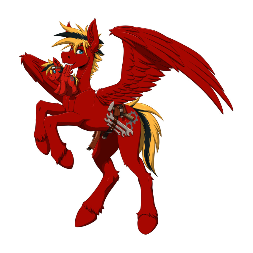 belt black_hair blonde_hair blue_eyes equid equine eyewear fan_character fur gear_(mlp) goggles hair hammer hasbro hi_res hooves mammal multicolored_hair my_little_pony pegasus plushie red_body red_fur spread_wings tool_belt tools two_tone_hair twotail813 twotail_(mlp) wings wrench