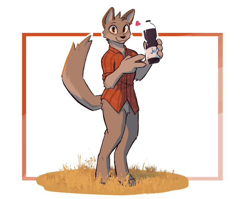 &lt;3 2021 anthro bottomless brown_body brown_fur canid canine canis clothed clothing coyote daxy_(adaxyn) enginetrap fur head_tuft hi_res holding_object light lighting looking_at_viewer mammal shaded shirt simple_background smile solo standing topwear tuft white_background