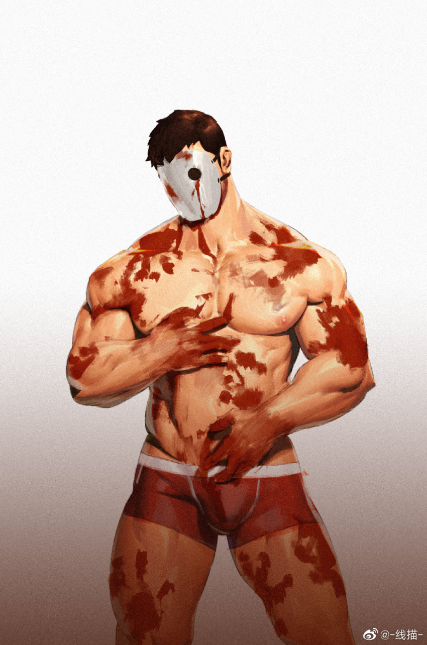 1boy abs bara blood blood_on_clothes blood_on_face boxer_briefs brown_hair bulge feet_out_of_frame highres large_pectorals male_focus male_underwear mask muscular muscular_male nipples original pectorals red_male_underwear short_hair solo stomach thick_thighs thighs topless_male underwear underwear_only white_mask xian_miao