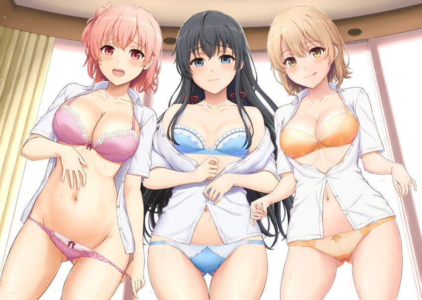 3girls :q absurdres ass_visible_through_thighs black_hair blue_bra blue_eyes blue_panties blush bra breasts clothes_lift collarbone commentary_request curtains groin highres inanaki_shiki isshiki_iroha large_breasts lifted_by_self light_brown_hair long_hair looking_at_viewer medium_breasts multiple_girls navel open_clothes open_mouth open_shirt orange_bra orange_panties panties panty_pull pink_bra pink_hair pink_panties pulled_by_self raised_eyebrows red_eyes ribbon school_uniform shirt short_hair shy small_breasts sweat thigh_gap thighs tongue tongue_out underwear very_long_hair wavy_mouth wet white_shirt window yahari_ore_no_seishun_lovecome_wa_machigatteiru. yellow_eyes yuigahama_yui yukinoshita_yukino