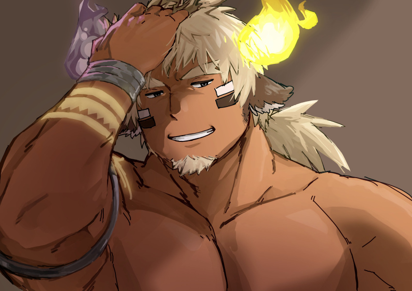 1boy absurdres animal_ears armlet bara cow_boy cow_ears cow_horns evil_smile facepaint facial_hair forked_eyebrows goatee hand_on_own_head highres horns large_pectorals long_hair long_sideburns looking_at_viewer male_focus mismatched_horns muscular muscular_male nude pectorals ponytail sideburns smile solo thick_eyebrows tokyo_afterschool_summoners tsuk8454 upper_body wakan_tanka wakan_tanka_mugen