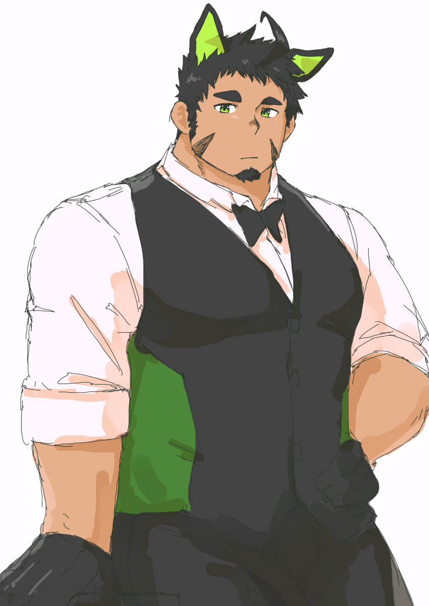 1boy absurdres bara black_bow black_bowtie black_hair black_pants black_vest bow bowtie butler collared_shirt cowboy_shot dark-skinned_male dark_skin facial_hair goatee green_eyes hair_strand highres large_pectorals long_sideburns looking_at_viewer male_focus muscular muscular_male original pants pectorals shirt short_hair sideburns sleeves_rolled_up solo thick_eyebrows tsuk8454 unfinished vest