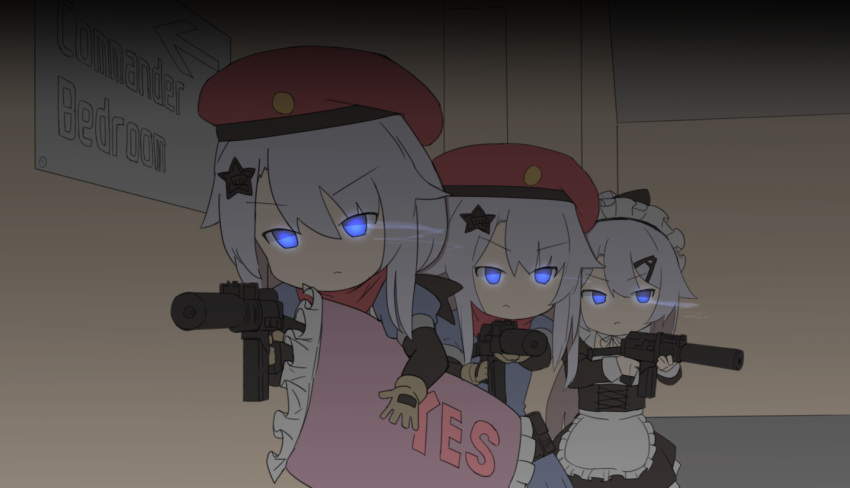 3girls 9a-91 9a-91_(girls'_frontline) arrow_(symbol) beret blue_eyes clone commentary_request dark dummy girls'_frontline glowing glowing_eyes gun hair_ornament hairclip hat holding holding_gun holding_pillow holding_weapon maid maid_headdress multiple_girls pillow scarf suppressor takiyama_(maze-724) wall weapon white_hair yes yes-no_pillow