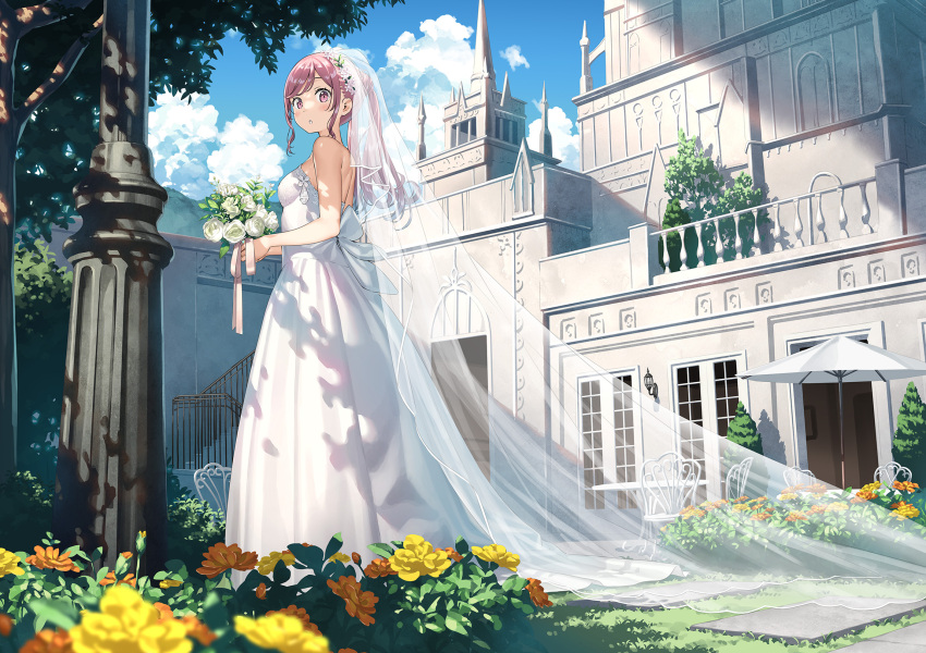 1girl :o bangs blue_sky blush bouquet bridal_veil brown_eyes brown_hair building cathedral cloud day dress flower highres holding holding_bouquet kantoku looking_at_viewer looking_to_the_side mountain original outdoors rose sidelocks sky solo standing tree umbrella veil wedding_dress white_dress white_flower white_rose window