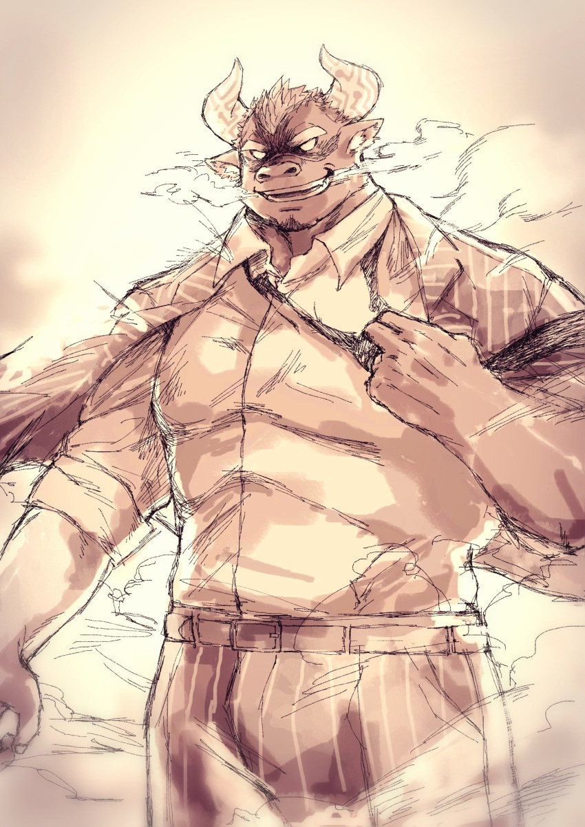 1boy adjusting_clothes adjusting_necktie alternate_costume angry animal_ears bara bulge collared_shirt cow_ears cow_horns cowboy_shot facial_hair formal frown furry furry_male goatee gyumao_(housamo) highres horns jacket jacket_on_shoulders large_pectorals male_focus mature_male mohawk muscular muscular_male necktie official_alternate_costume pants pectorals shirt short_hair solo striped striped_pants thick_eyebrows tokyo_afterschool_summoners tsuk8454