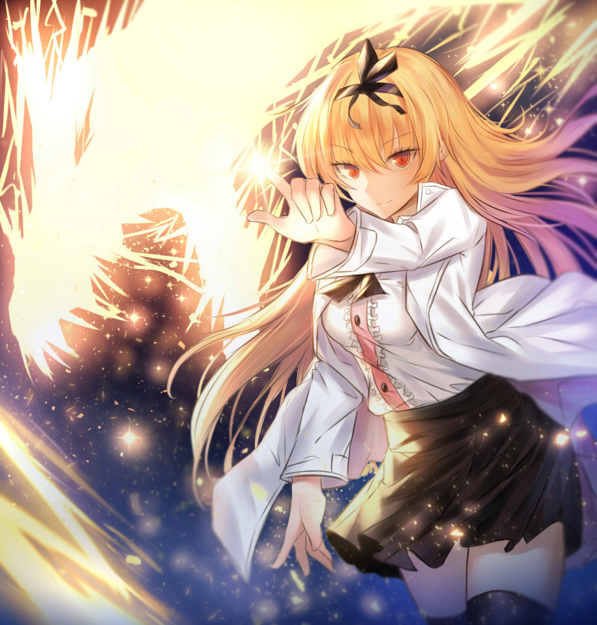 1girl arifureta_shokugyou_de_sekai_saikyou black_skirt blonde_hair blurry closed_mouth coat commentary cowboy_shot eyebrows_visible_through_hair fhilippedu frilled_skirt frills glowing_finger hair_between_eyes hair_ornament highres long_hair long_sleeves open_clothes open_shirt red_eyes shirt_tucked_in skirt smile solo sparkle split_mouth thighhighs white_coat wide_sleeves yue_(arifureta)