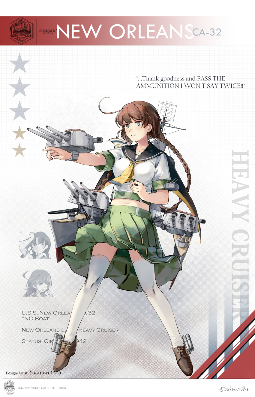 absurdres adapted_turret blue_eyes braid breasts brown_footwear brown_hair cannon character_name cruiser english_text green_skirt highres long_hair low_twin_braids machinery mecha_musume medium_breasts midriff military military_vehicle miniskirt navel neckerchief original personification pleated_skirt ship shoes short_sleeves skirt thighhighs turret twin_braids united_states_navy uss_new_orleans_(ca-32) warship watercraft white_legwear yellow_neckerchief yorktown_cv-5