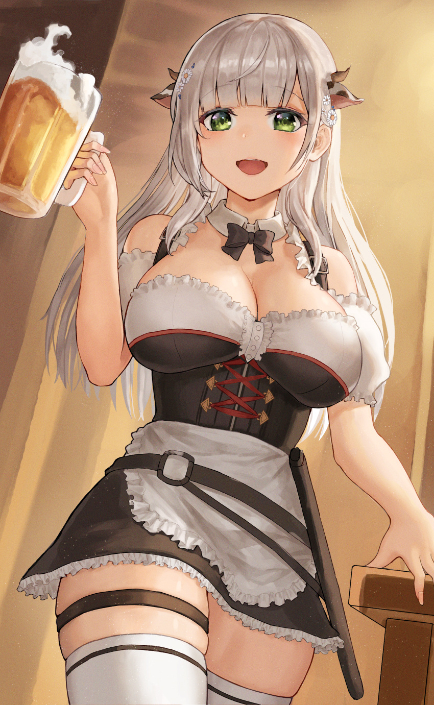 1girl :d absurdres alcohol animal_ears bangs beer beer_mug blunt_bangs breasts cleavage commentary_request cow_ears cup detached_collar eyebrows_visible_through_hair fake_animal_ears green_eyes highres holding holding_cup hololive hoshibudou large_breasts leg_garter long_hair looking_at_viewer mug shirogane_noel silver_hair smile solo thighs