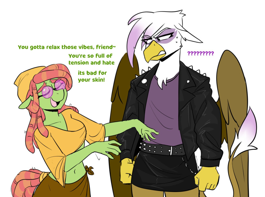 angry anthro anthrofied avian bottomwear clothing dialogue do-rag dreadlocks earth_pony english_text equid equine eyewear friendship_is_magic gilda_(mlp) glasses gryphon hasbro horse jacket leather leather_clothing leather_jacket leather_topwear mammal miniskirt my_little_pony mythological_avian mythology pony redxbacon skirt sunglasses text topwear tree_hugger_(mlp)