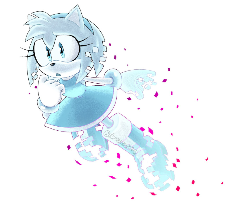 1girl amy_rose animal_nose boots chronocrump dress floating full_body furry furry_female ghost gloves hairband highres looking_at_viewer short_hair solo sonic_(series) sonic_frontiers twitter_username watermark white_gloves worried
