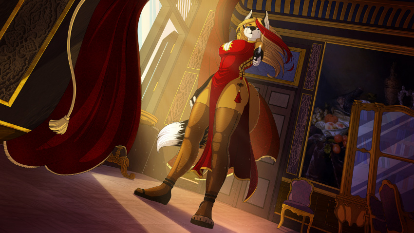 16:9 2021 absurd_res anthro big_breasts blonde_hair blue_eyes breasts canid canine clothed clothing detailed_background digital_media_(artwork) dress female founntain_(character) fox gun hair handgun hi_res mammal pistol ranged_weapon red_hair serious_face sevk shaded solo weapon widescreen