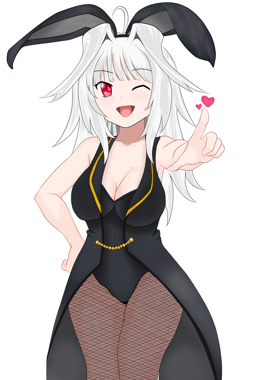1girl absurdres animal_ears bare_shoulders breasts closed_eye fishnet_legwear fishnets hakumei heart highres large_breasts long_hair open_mouth original phahuris red_eyes smile solo white_hair