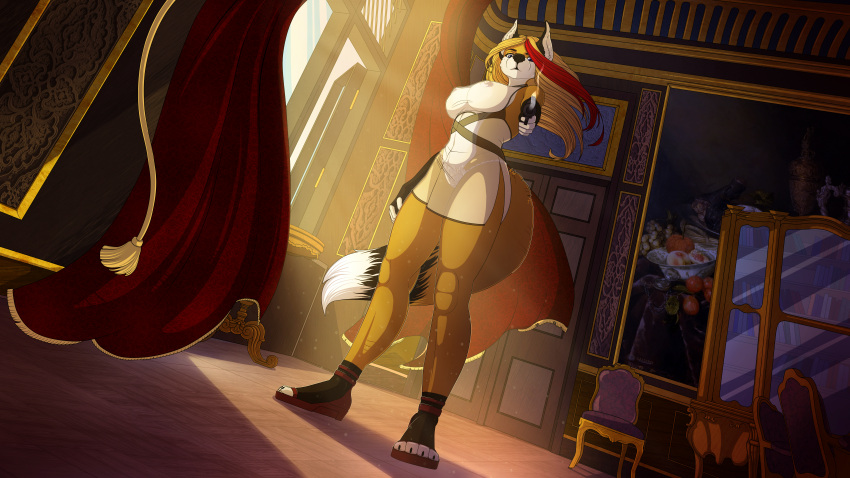 16:9 2021 absurd_res anthro big_breasts blonde_hair blue_eyes breasts canid canine clothing detailed_background digital_media_(artwork) female fluffy fluffy_tail founntain_(character) fox gun hair hi_res huge_breasts mammal nipples pinup pose ranged_weapon red_hair sevk solo translucent translucent_clothing weapon widescreen