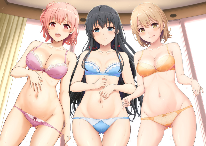 3girls :q absurdres ass_visible_through_thighs black_hair blue_bra blue_eyes blue_panties blush bra breasts collarbone commentary_request curtains groin highres inanaki_shiki isshiki_iroha large_breasts light_brown_hair long_hair looking_at_viewer medium_breasts multiple_girls navel neck_ribbon open_mouth orange_bra orange_panties panties panty_pull pink_bra pink_hair pink_panties raised_eyebrows red_eyes ribbon short_hair shy small_breasts sweat thigh_gap thighs tongue tongue_out underwear underwear_only untied very_long_hair wavy_mouth wet window yahari_ore_no_seishun_lovecome_wa_machigatteiru. yellow_eyes yuigahama_yui yukinoshita_yukino