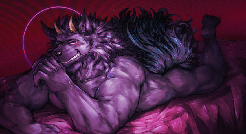 2021 absurd_res anthro bathym biped butt canid canid_demon demon digital_media_(artwork) eruprior fur grin hi_res horn lifewonders looking_at_viewer lying male mammal mane muscular muscular_anthro muscular_male on_front plantigrade purple_body purple_fur red_background simple_background smile solo tokyo_afterschool_summoners video_games